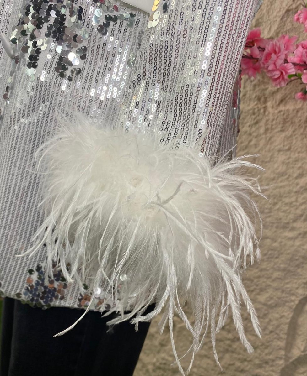 BLAZER LARGO DE LENTEJUELAS Y PLUMAS PLATA - Imagen 5